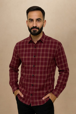 Mensoline Men Checkered Casual Maroon, Beige Shirt