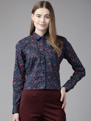 English Navy Women Floral Print Formal Dark Blue Shirt