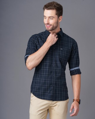 British Club Men Checkered Casual Dark Blue, White Shirt