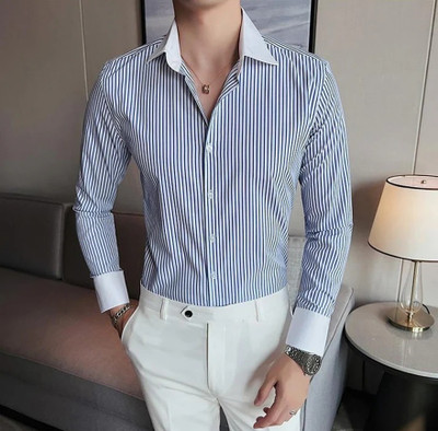 Fashionable Village Men Striped Casual Blue Shirt