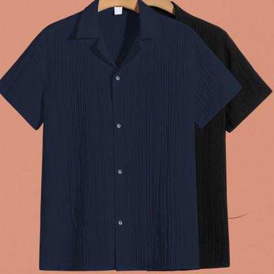 Looksky Men Self Design, Solid Casual Dark Blue, Black Shirt(Pack of 2)