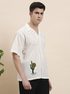 Brown Panda Men Embroidered Casual White Shirt