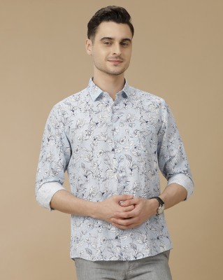 Linen Club Men Printed Casual Blue, White Shirt