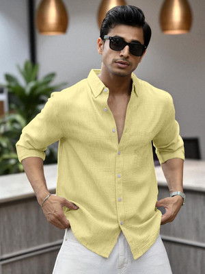 Yanthhi Men Solid Casual Yellow Shirt