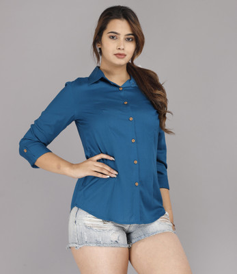 Demirner Women Solid Casual Blue Shirt