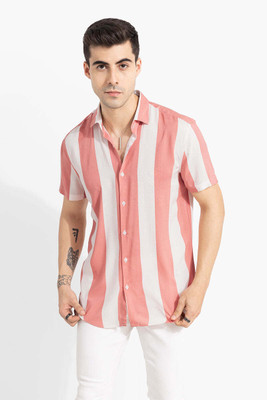 Snitch Men Striped Casual Pink, White Shirt