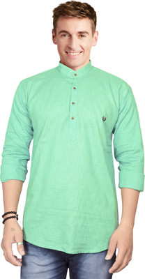 JUST BLACK Men Solid Straight Kurta(Green)