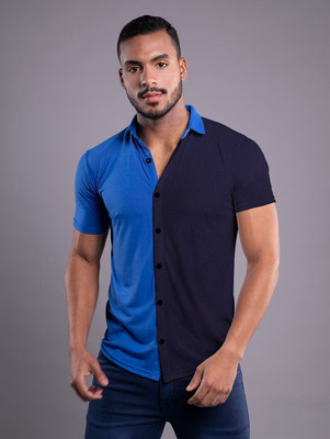 GEUM Men Color Block Casual Blue, Dark Blue Shirt