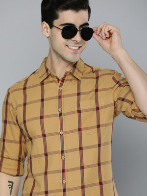 HERE&NOW Men Checkered Casual Khaki Shirt