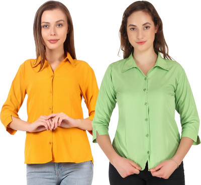 Hunoor Women Solid Casual Light Green, Yellow Shirt(Pack of 2)