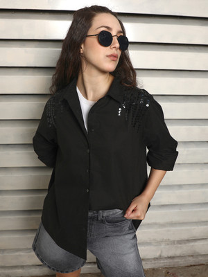 High Star Women Solid Casual Black Shirt