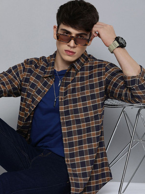 R.Code by The Roadster Life Co. Men Checkered Casual Brown, Black Shirt