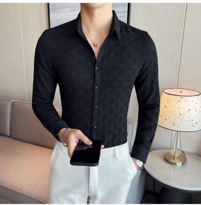 Urbatren Fashion Men Self Design Casual Black Shirt