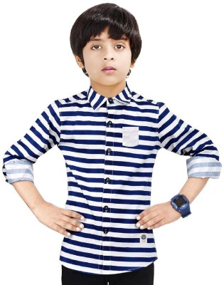 MADE IN THE SHADE Boys Printed, Striped Casual White, Blue Shirt