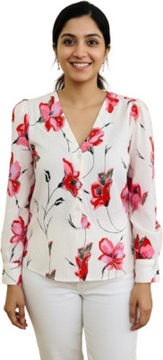 Sylora Women Floral Print Casual White Shirt