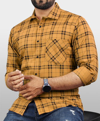VeBNoR Men Checkered Casual Yellow Shirt
