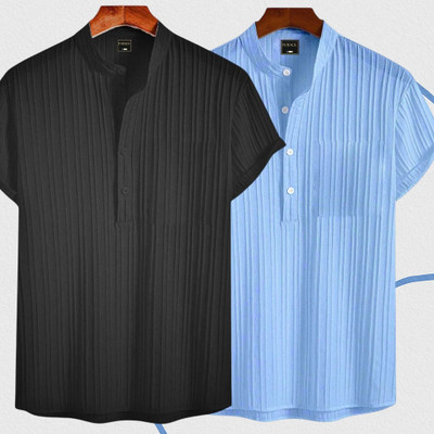 Looksky Men Self Design Casual Black, Light Blue Shirt(Pack of 2)