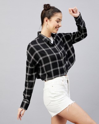 Chimpaaanzee Women Checkered Casual Black Shirt