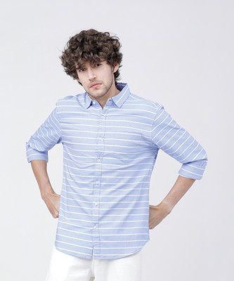 HIGHLANDER Men Striped Casual Blue Shirt