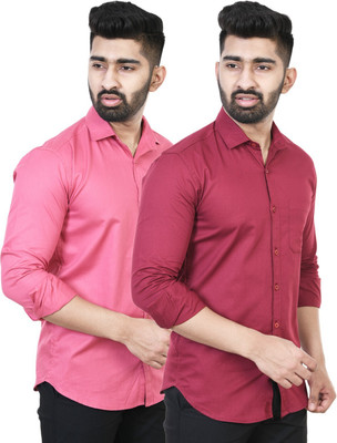 Feel high Men Solid Casual Maroon, Pink Shirt(Pack of 2)