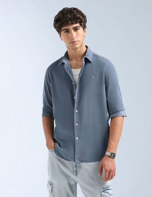FLYING MACHINE Men Self Design Casual Blue Shirt