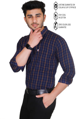 Marc Laurent Men Checkered Formal Blue Shirt