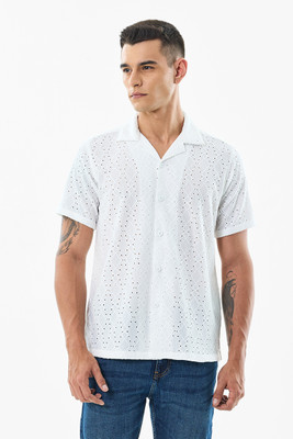 Snitch Men Self Design Casual White Shirt