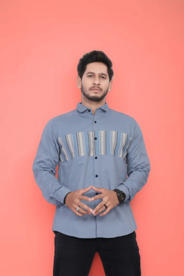U AND J TREND Men Self Design Casual Blue Shirt
