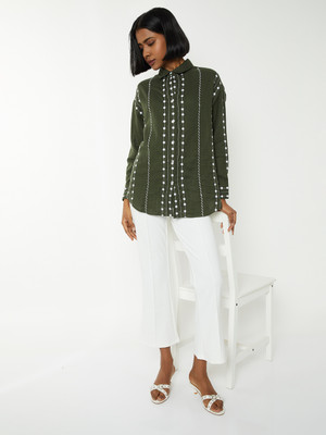 MAX Women Embroidered Casual Green Shirt