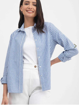 butclub Women Striped Casual Blue Shirt