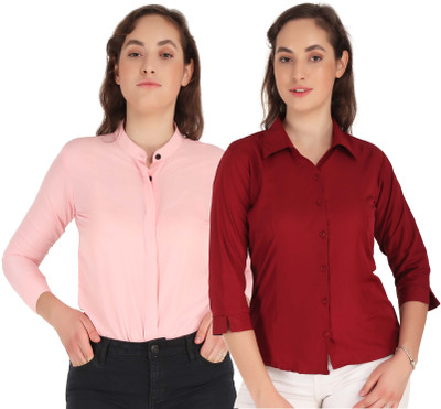 Miranga Women Solid Casual Pink, Maroon Shirt(Pack of 2)