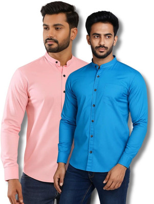 VIMASUTI Men Solid Casual Pink, Blue Shirt(Pack of 2)