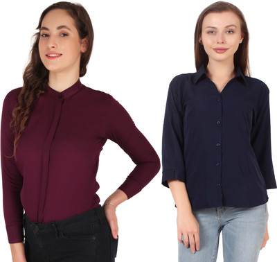 Hunoor Women Solid Casual Dark Blue Shirt(Pack of 2)