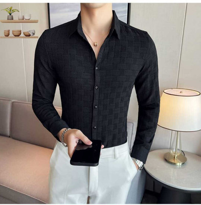 Pribha Fashion Men Self Design Casual Black Shirt