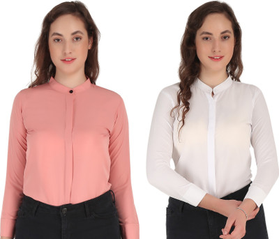 Hunoor Women Solid Casual White, Pink Shirt(Pack of 2)
