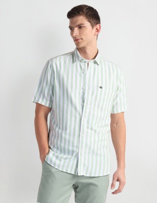 Arrow Sport Men Striped Casual Light Green, White Shirt