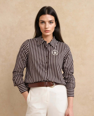RAREISM Women Striped Formal Brown Shirt