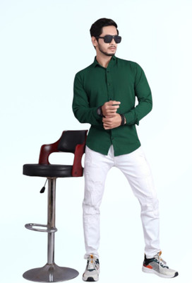 PEARL OCEAN Men Solid Casual Dark Green Shirt