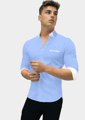 P & V Creations Men Solid Casual Light Blue Shirt