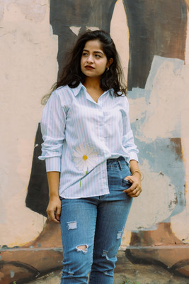 Oudhi Women Embroidered, Striped Casual Blue, White Shirt