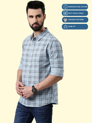METRONAUT Men Checkered Casual Light Blue Shirt