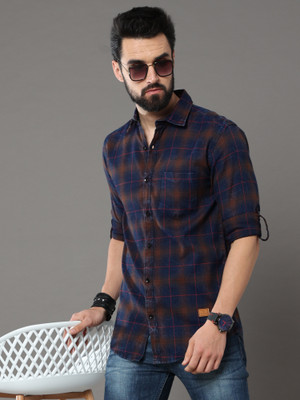 tallwalker Men Checkered Casual Brown, Blue Shirt