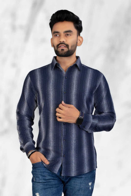 DUCCKCREATION Men Striped Formal Blue Shirt