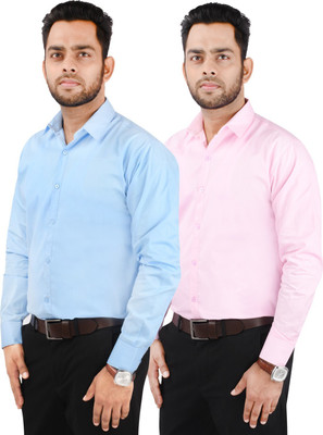 CRAFT HEAVEN Men Solid Casual Pink, Light Blue Shirt(Pack of 2)