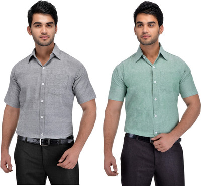 DESHBANDHU KHADI Men Self Design Formal Green, Grey Shirt(Pack of 2)