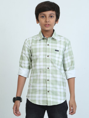 ROCKET SCIENCE Boys Checkered Casual Light Green Shirt