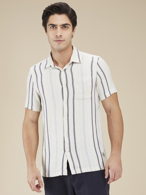 BEING HUMAN Men Striped Casual Beige Shirt