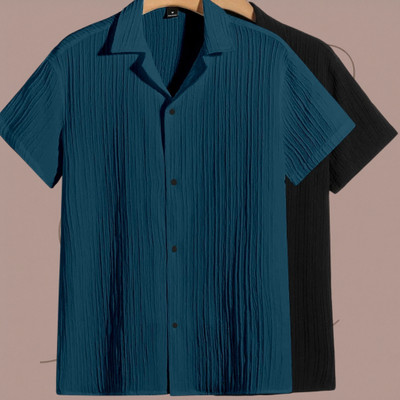 Looksky Men Self Design Casual Blue, Black Shirt(Pack of 2)