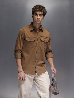 WROGN Men Solid Casual Brown Shirt