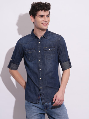 BEING HUMAN Men Striped Casual Dark Blue Shirt